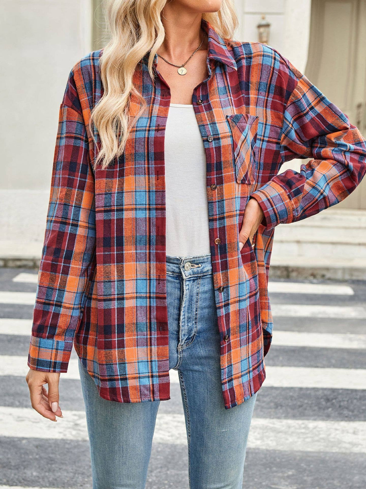 Plaid Button Down Long Sleeve Shirt for Women