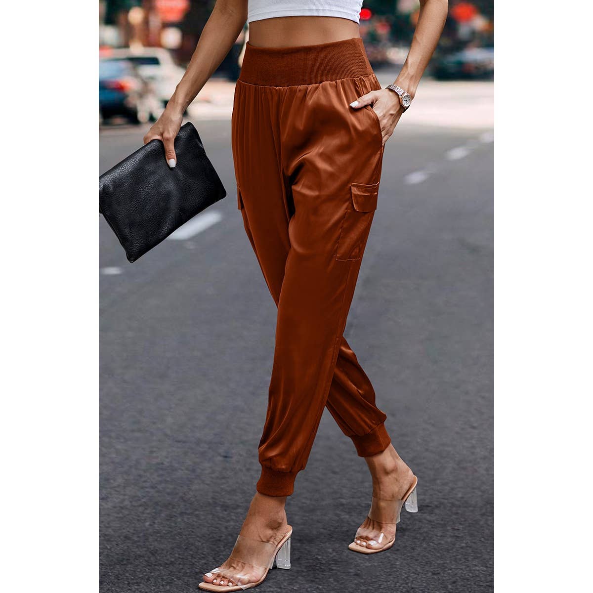 Elastic High Waist Sweatpants Sporty Pocket Pants