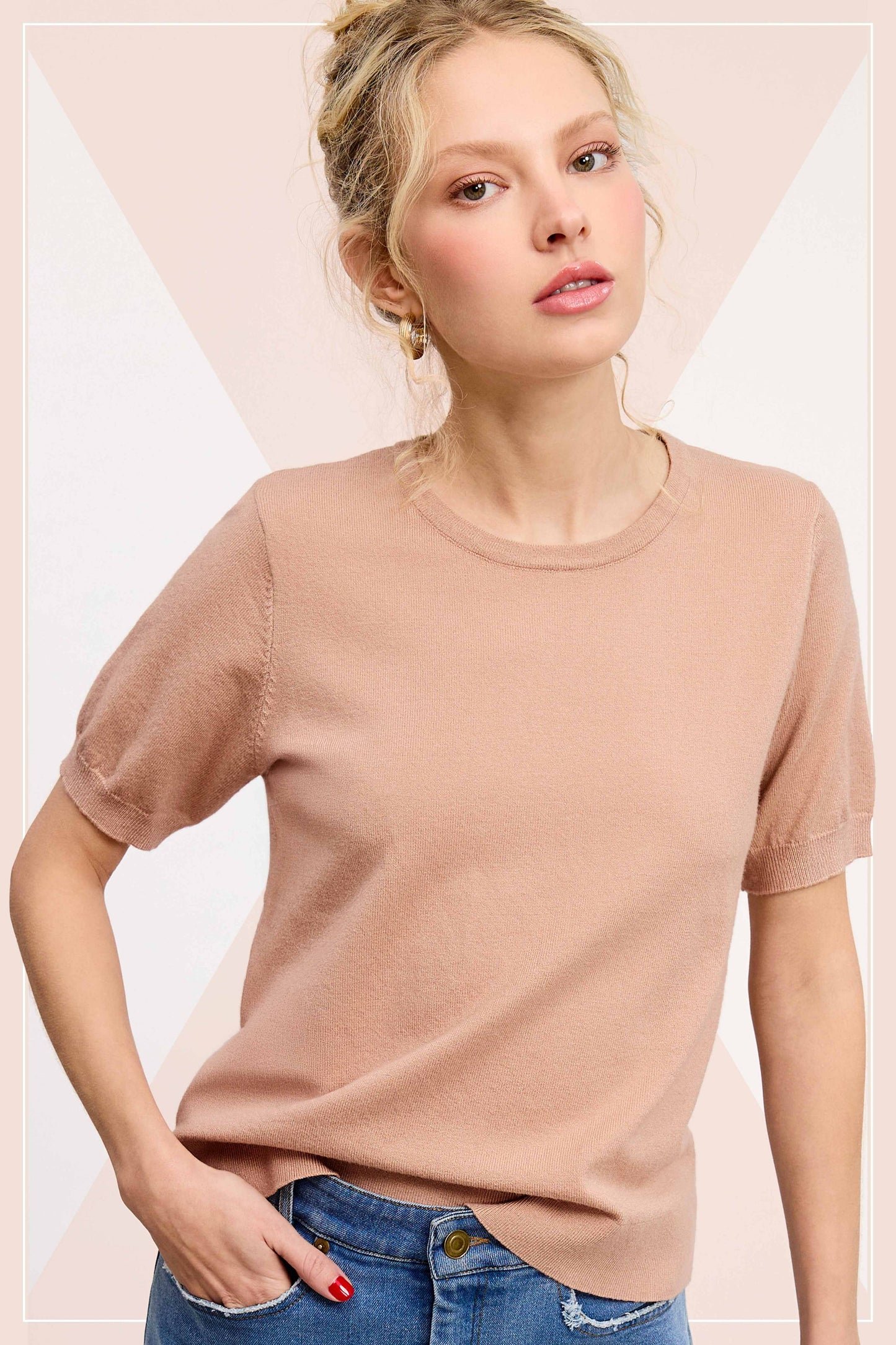 Soft Short Puffy Sleeve Basic Stretchy Knit Top