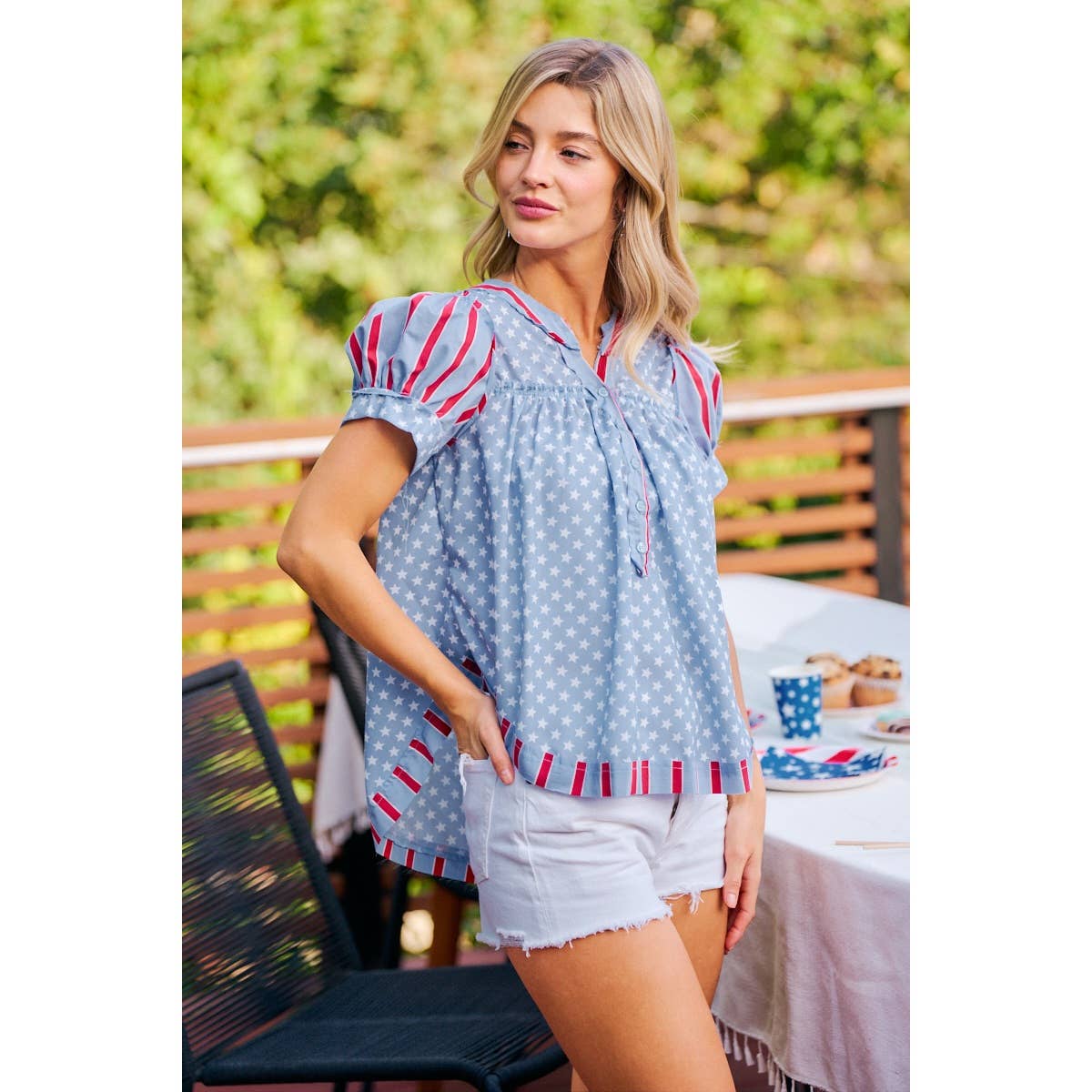 4TH OF JULY STRIPES AND STARS PUFF SLEEVES TOP