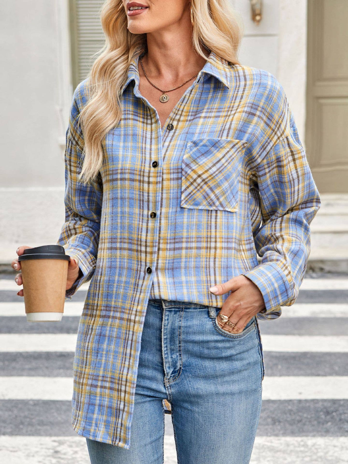 Plaid Button Down Long Sleeve Shirt for Women