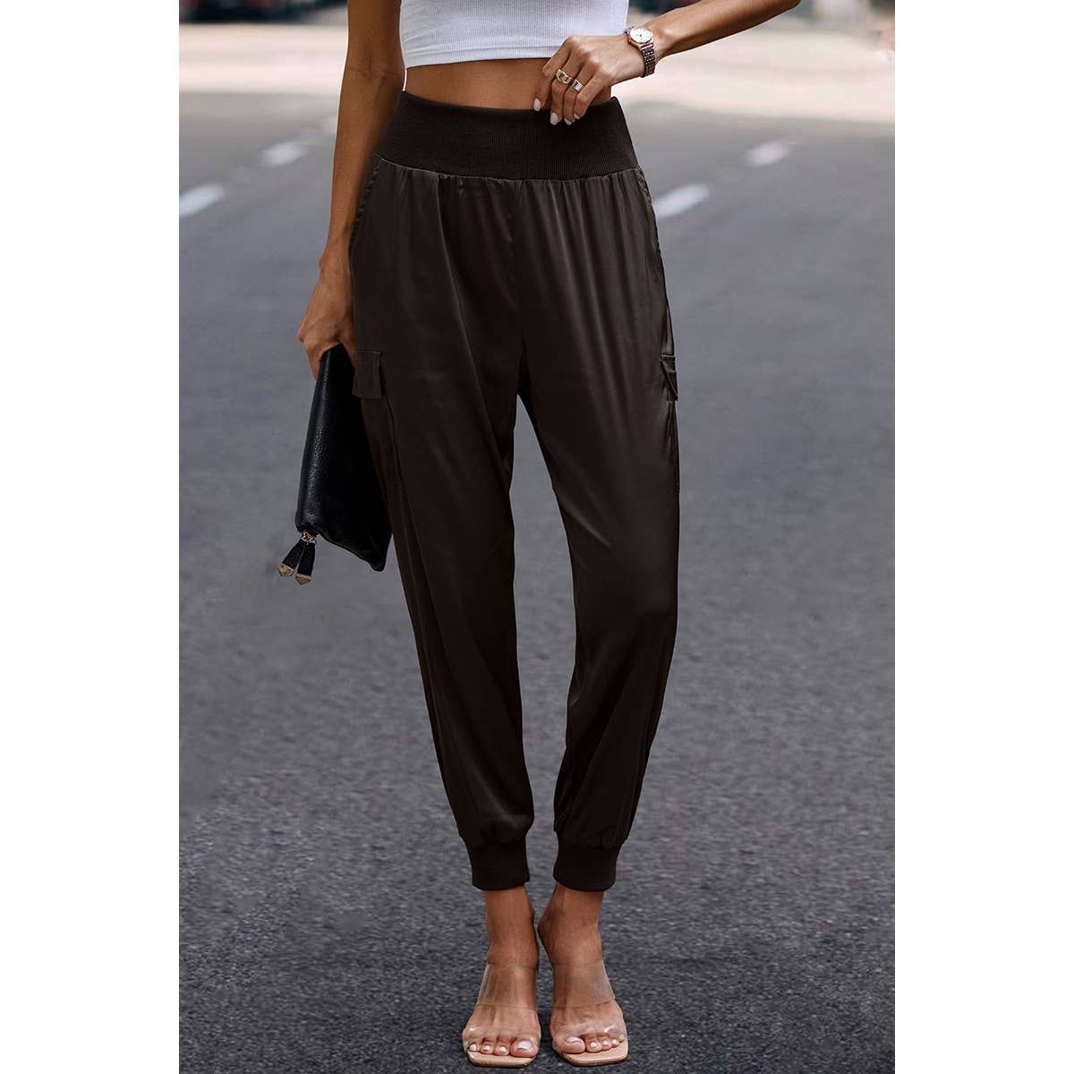 Elastic High Waist Sweatpants Sporty Pocket Pants