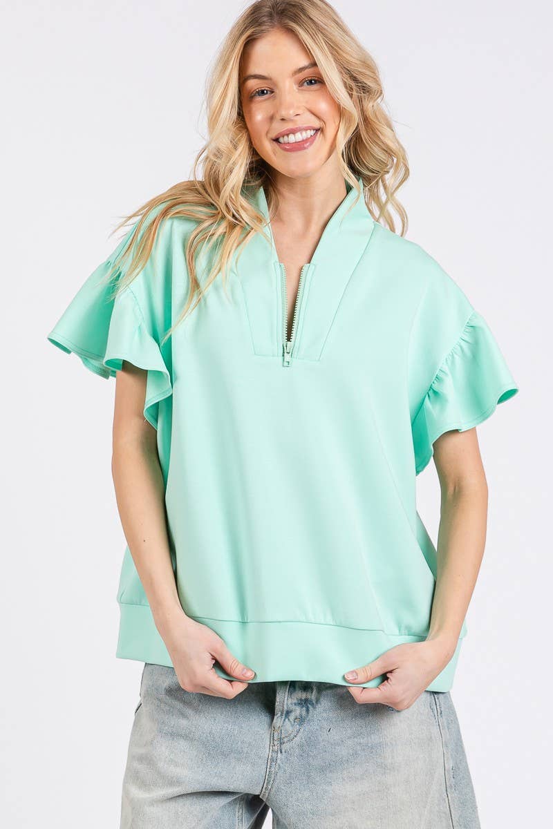 SCUBA HALF ZIP UP RUFFLE SLEEVE TOP