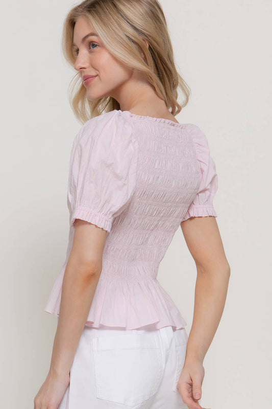 Short Puff Sleeve Smocked Detail Woven Top