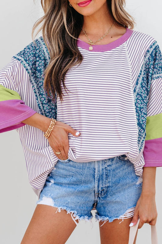 Color Block Raw Edge Patchwork Bracelet Sleeve Blouse