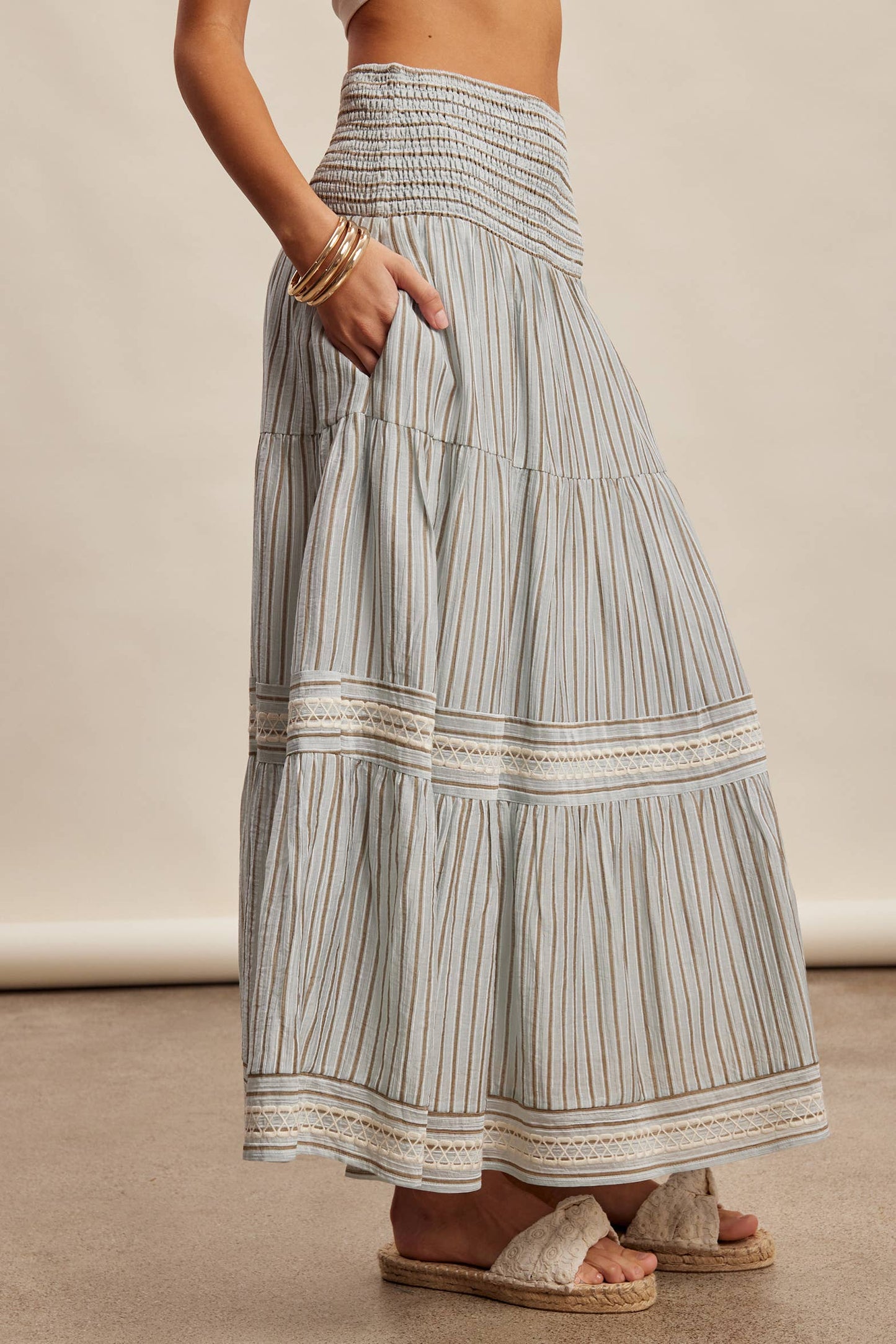 Striped Smocked Maxi Skirt with Embroidery Accents