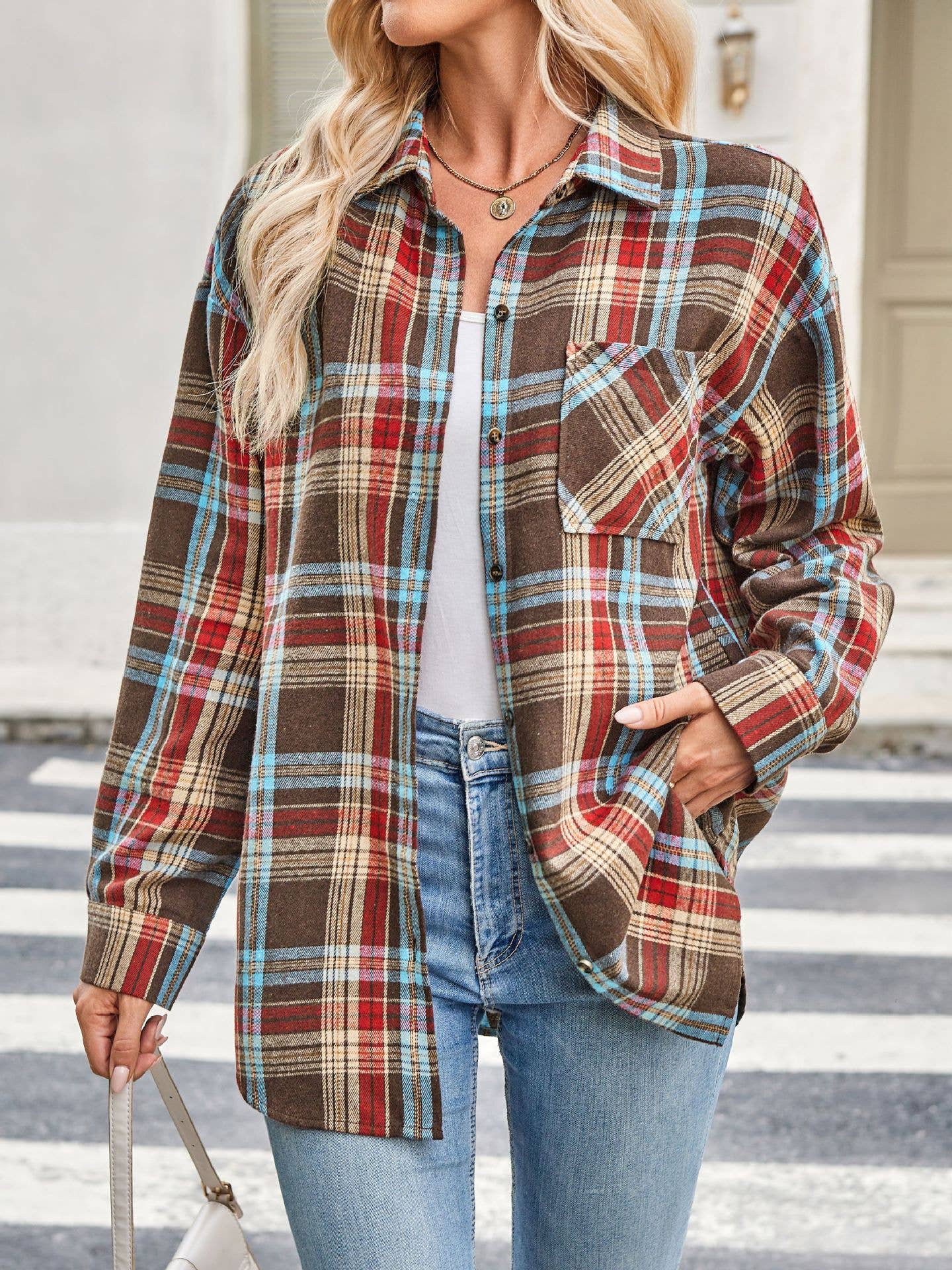 Plaid Button Down Long Sleeve Shirt for Women