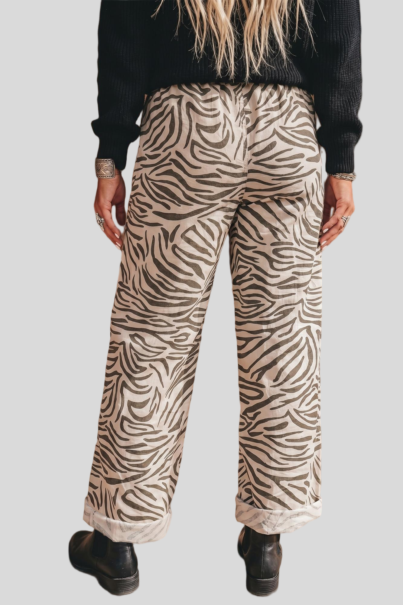 Zebra Pattern Elastic Waist Pocket Full-Length Pants