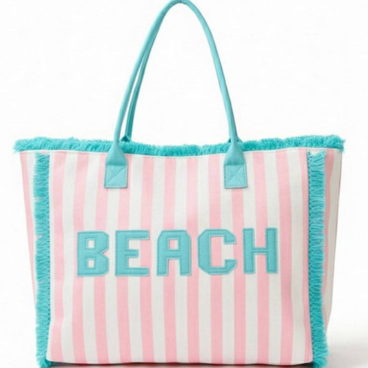 Embroidered Beach Letter Terry Cloth Frayed Striped Tote Ba