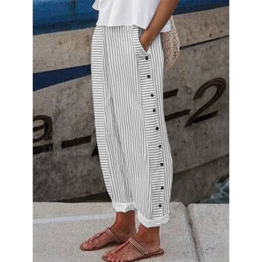 Loose Buttoned Pockets Striped Pants Trousers
