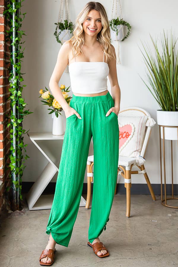 Lightweight Crinkle Ankle Tie Split Side Flowy Pants  P5047