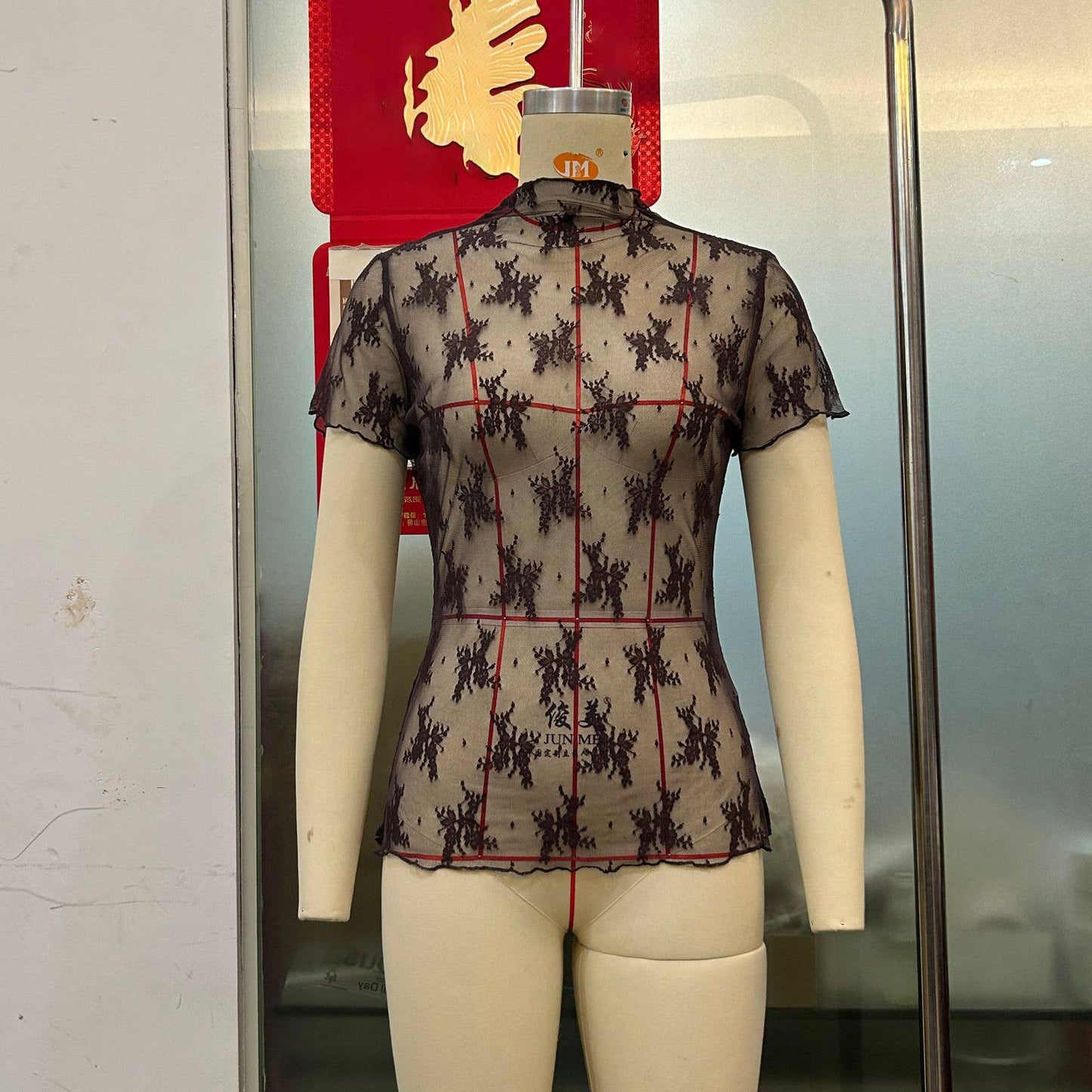Sheer Mesh Lace Short Sleeve Top