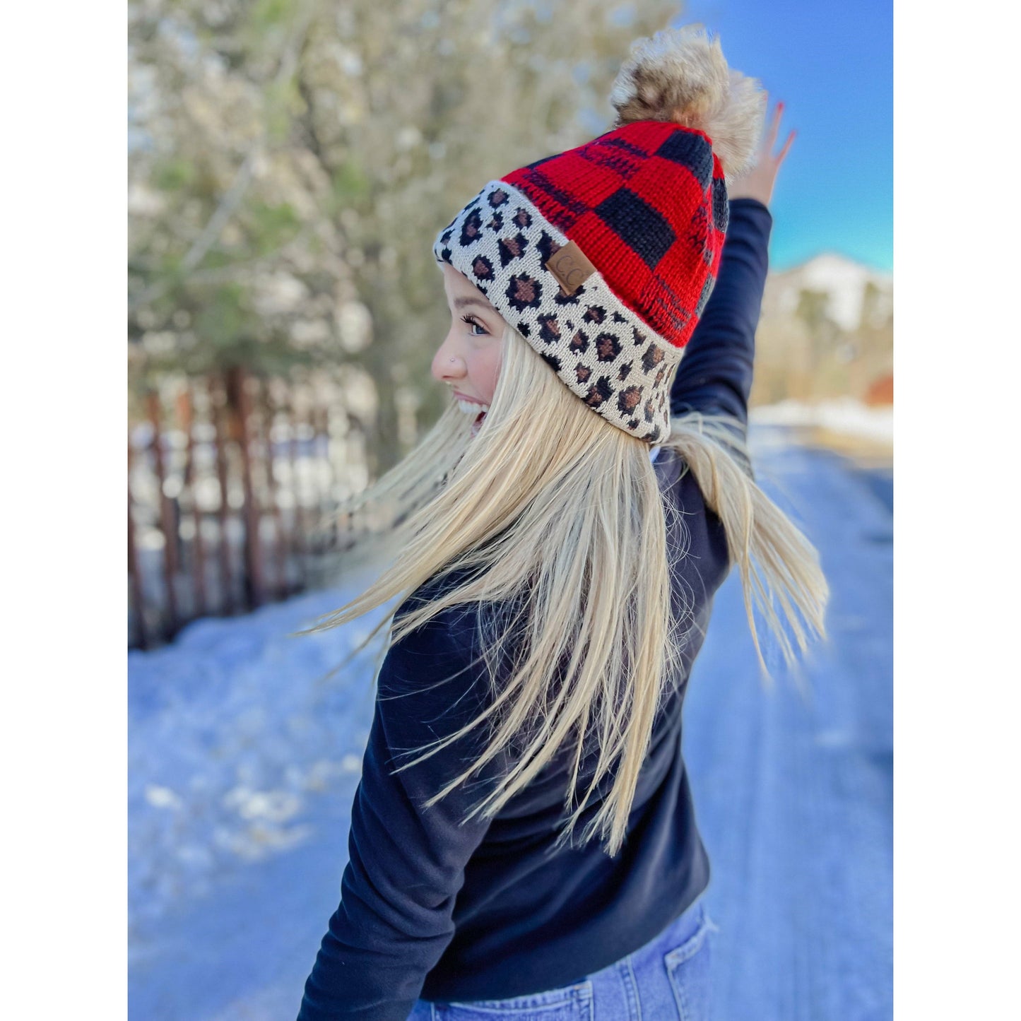 Leopard/Buffalo Mixed Print Fur Pom C.C Beanie