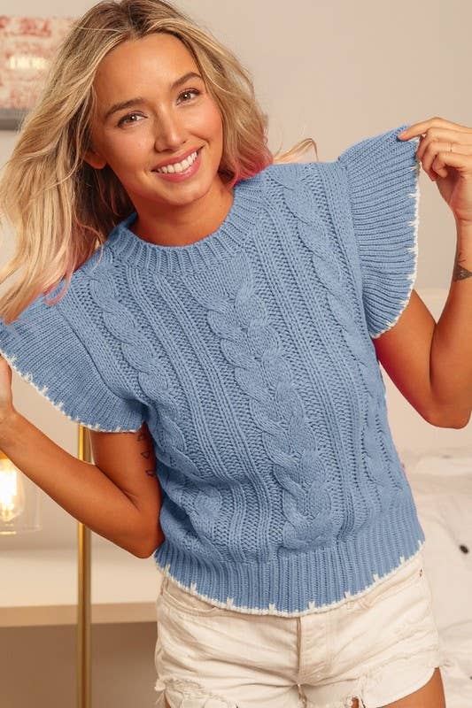 Cable Knit Ruffle Sleeve Sweater