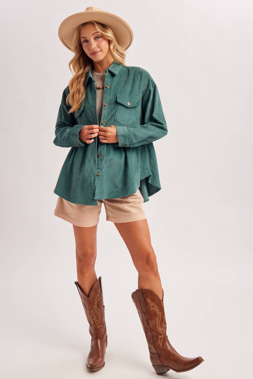 BUTTON DOWN CORDUROY PEPLUM SHACKET