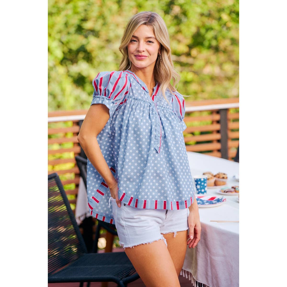 4TH OF JULY STRIPES AND STARS PUFF SLEEVES TOP