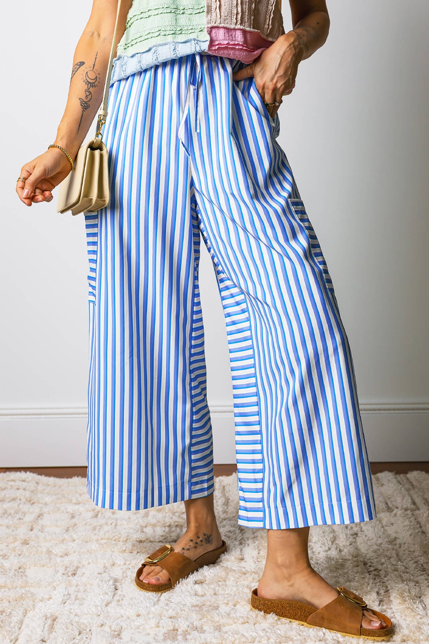 Stripe Waist Patch Pocket Wide Leg Pants | S-XL