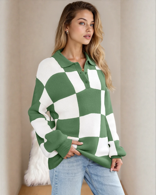 V Neck Checkered Sweater - Green