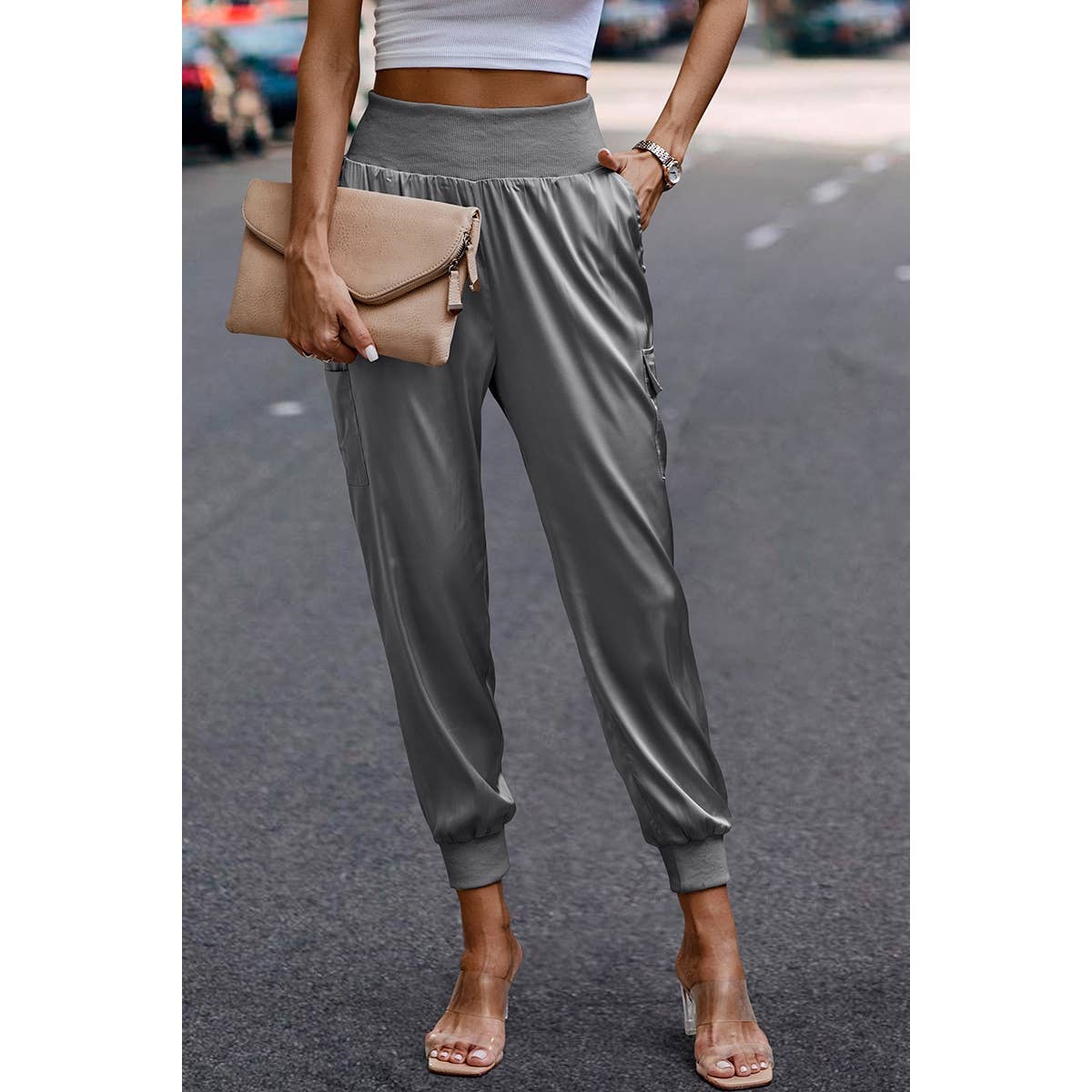 Elastic High Waist Sweatpants Sporty Pocket Pants