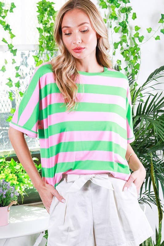Crew Neck Roll-Up Short-Sleeve Striped Knit Top