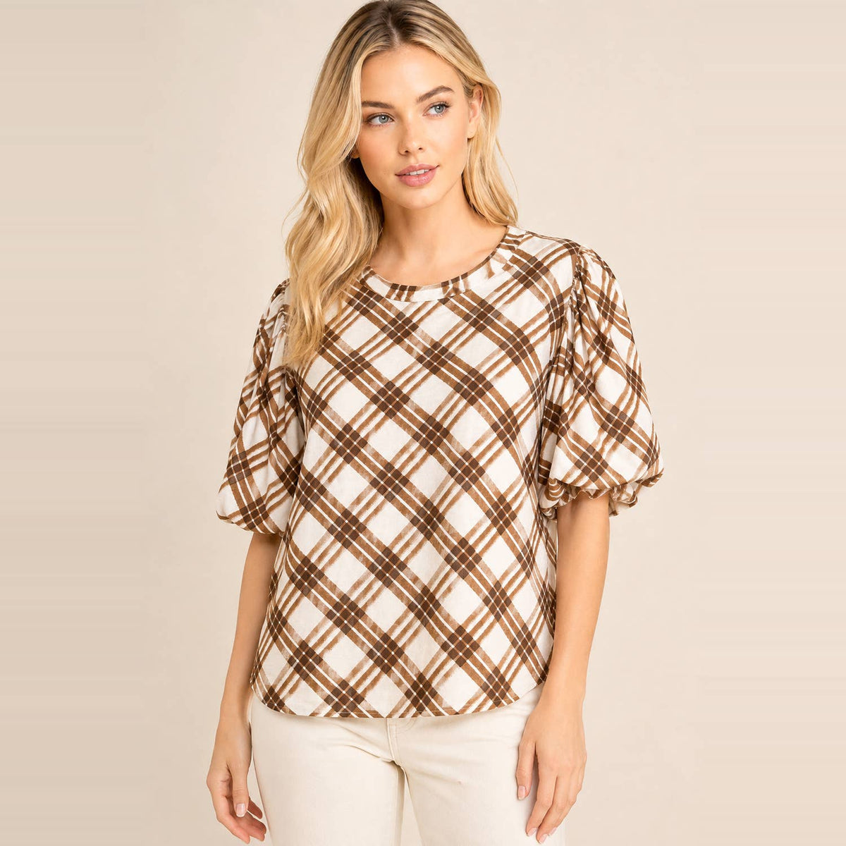 Light blue plaid puff sleeve top