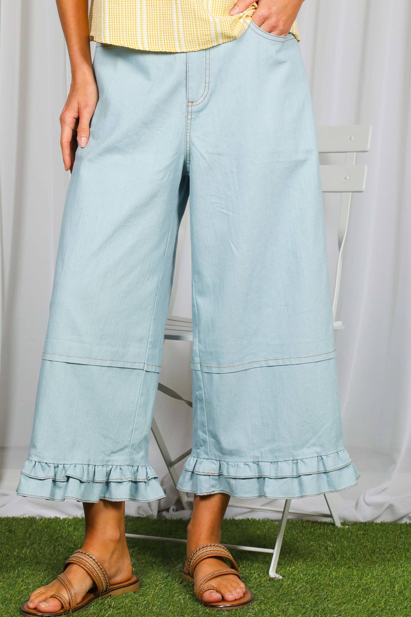 Casual Ruffle Hem Stone Wash Cropped Denim Pants