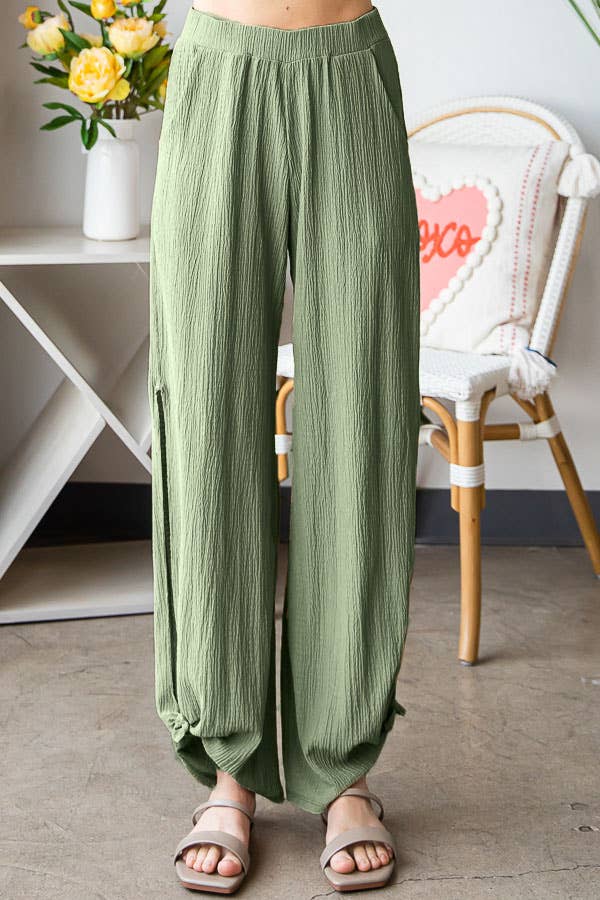 Lightweight Crinkle Ankle Tie Split Side Flowy Pants  P5047