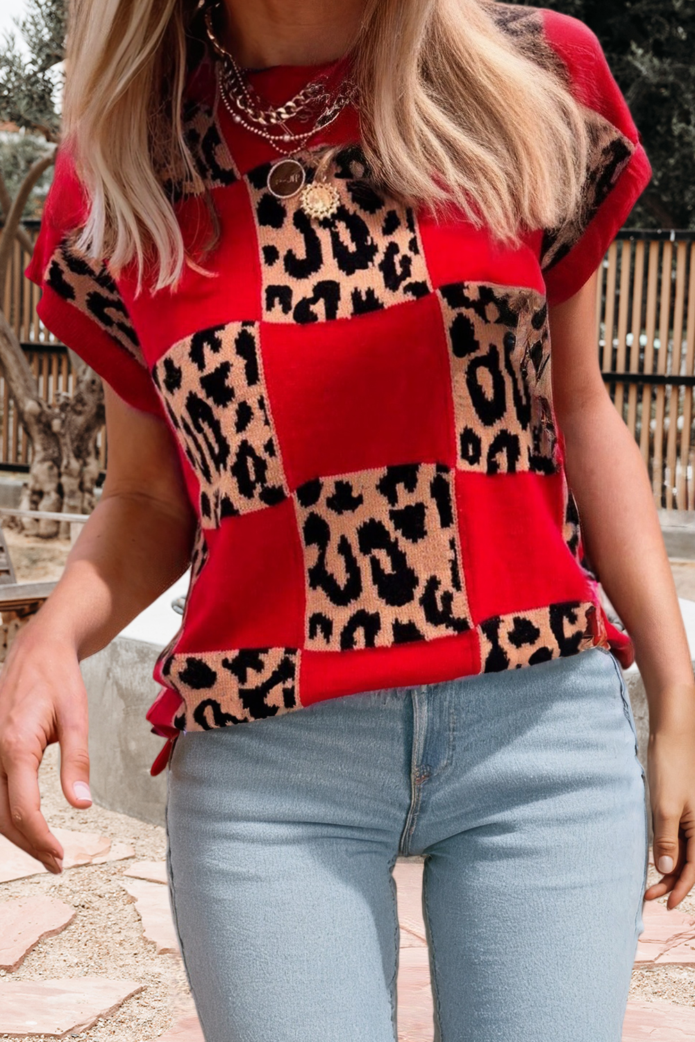 66Plus Size Leopard Checkerboard Short Sleeve Sweater