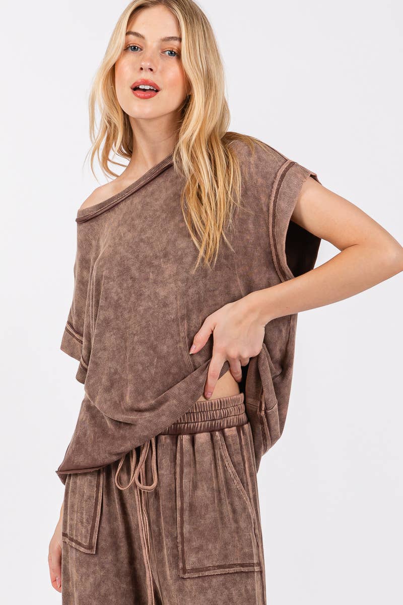 MINERAL WASHED TOP AND PANTS RIB SETS