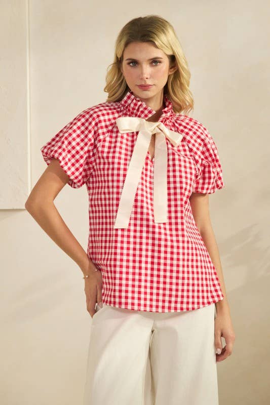 Gingham Check Puff Sleeve Top
