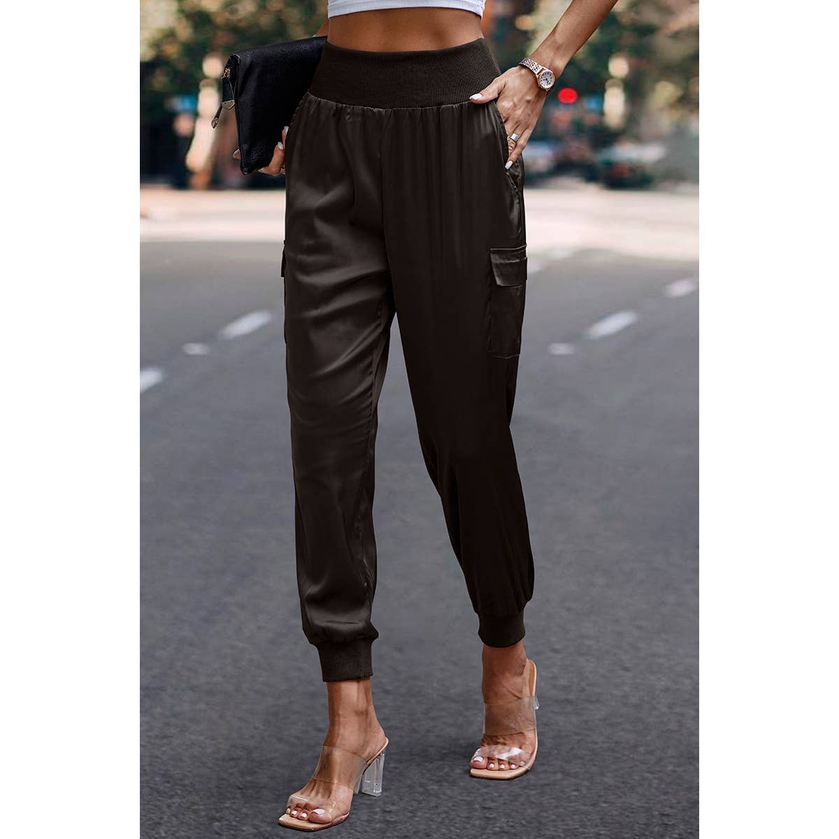 Elastic High Waist Sweatpants Sporty Pocket Pants