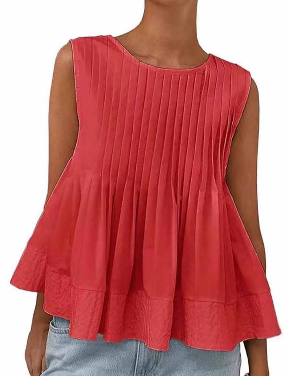 Ladies Solid Color Pleated Sleeveless Tank Top