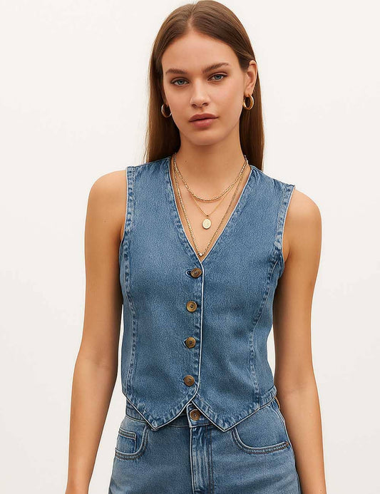 Sweetkama Denim Solid V-Neck Sleeveless Women Daily Vest