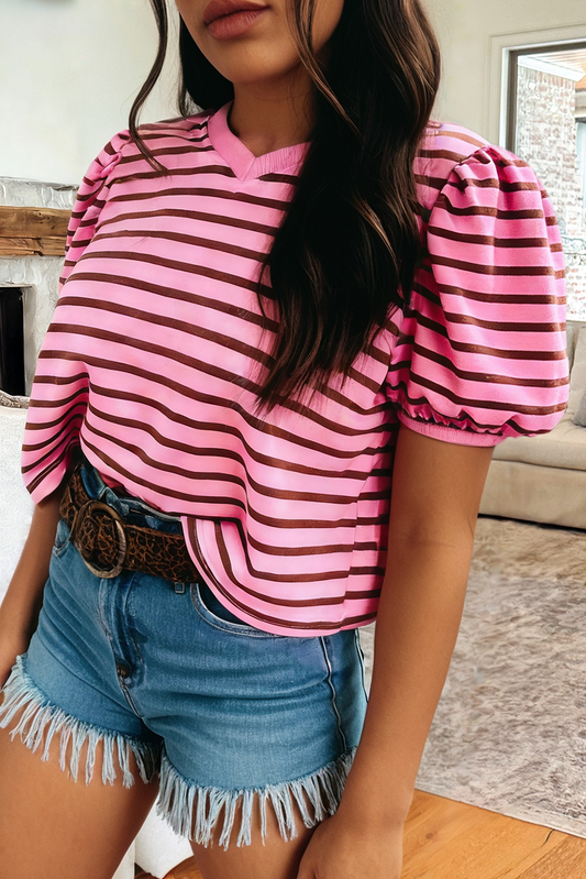 Stripe V Neck Short Puff Sleeve Tee