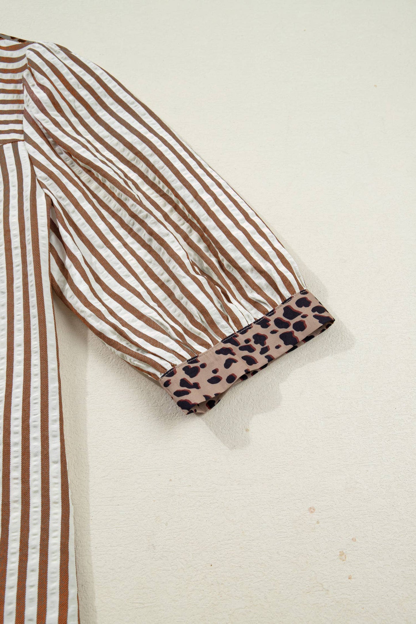 Leopard Trim Button Down Stripe Half Sleeve Shirt