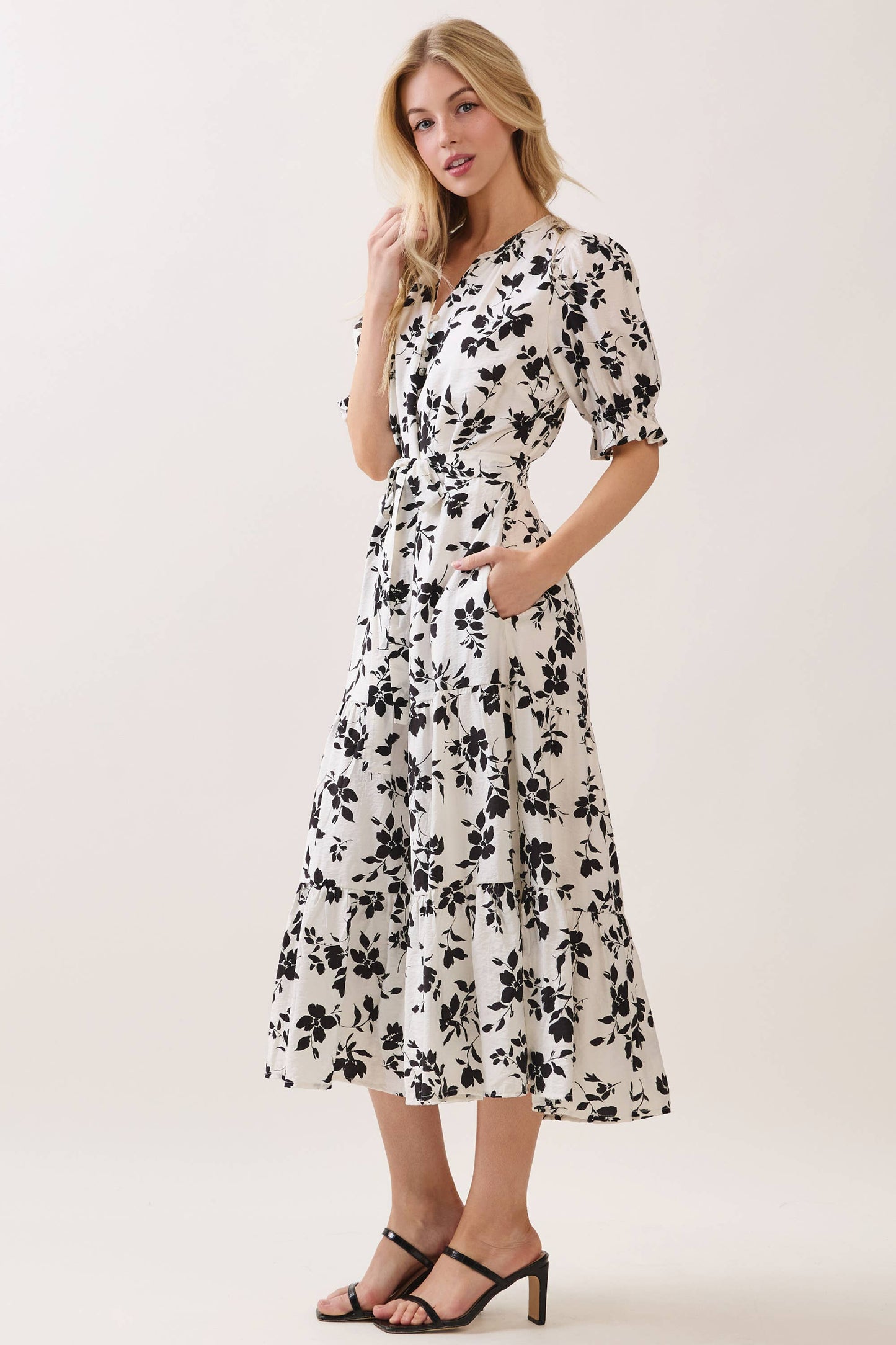 V NECK WAIST TIE TIERED MIDI DRESS -