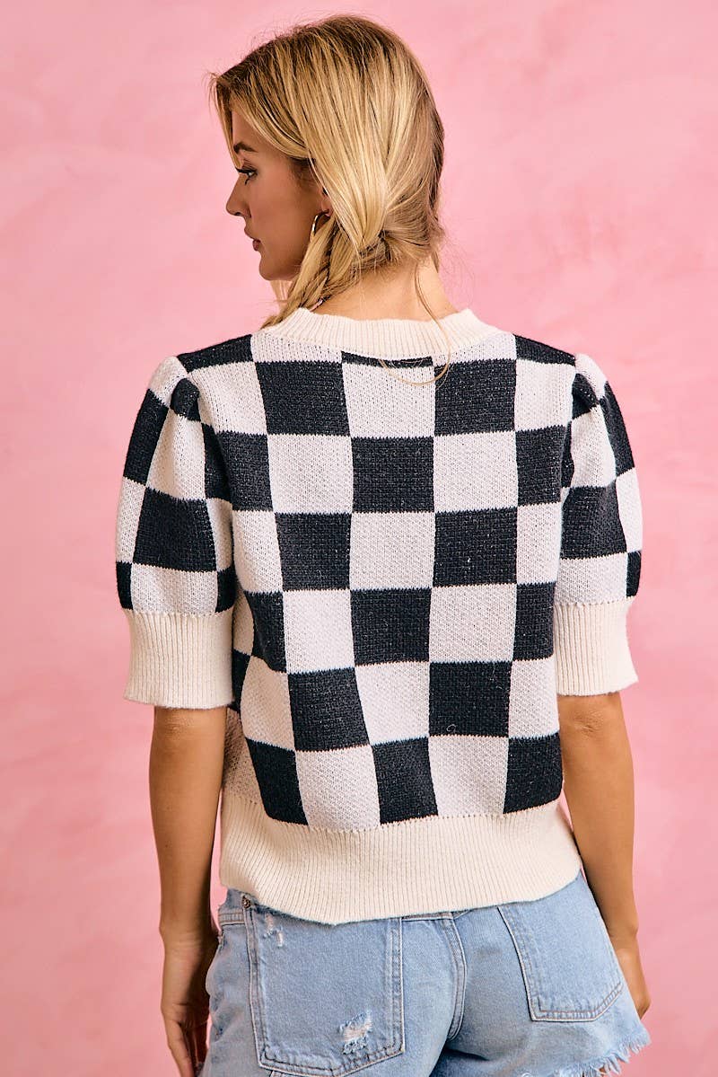 Gameday Theme Checker Patterned Puff Sleeves Knit Top