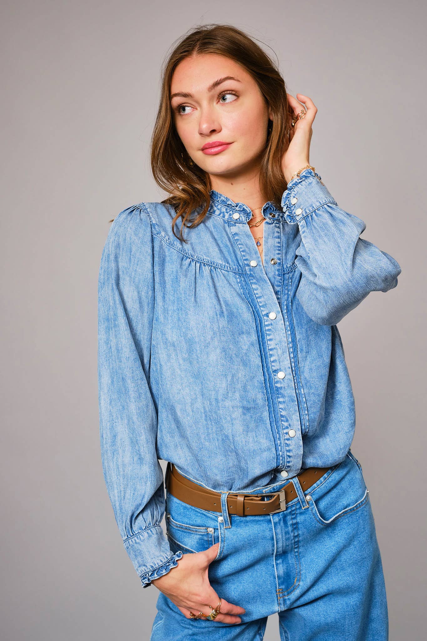 Ruffle Neck Denim Snap Button Shirt