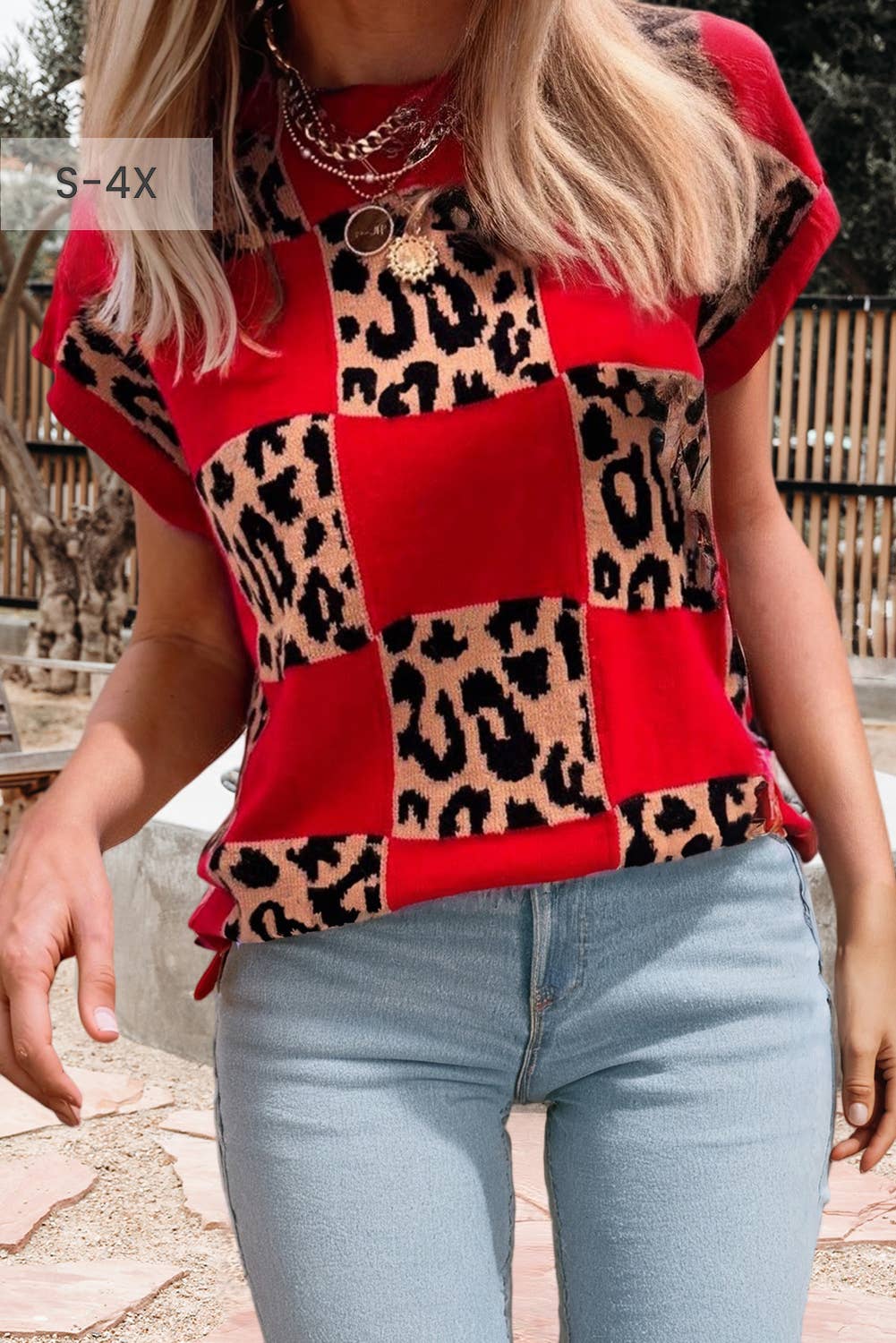 66Plus Size Leopard Checkerboard Short Sleeve Sweater