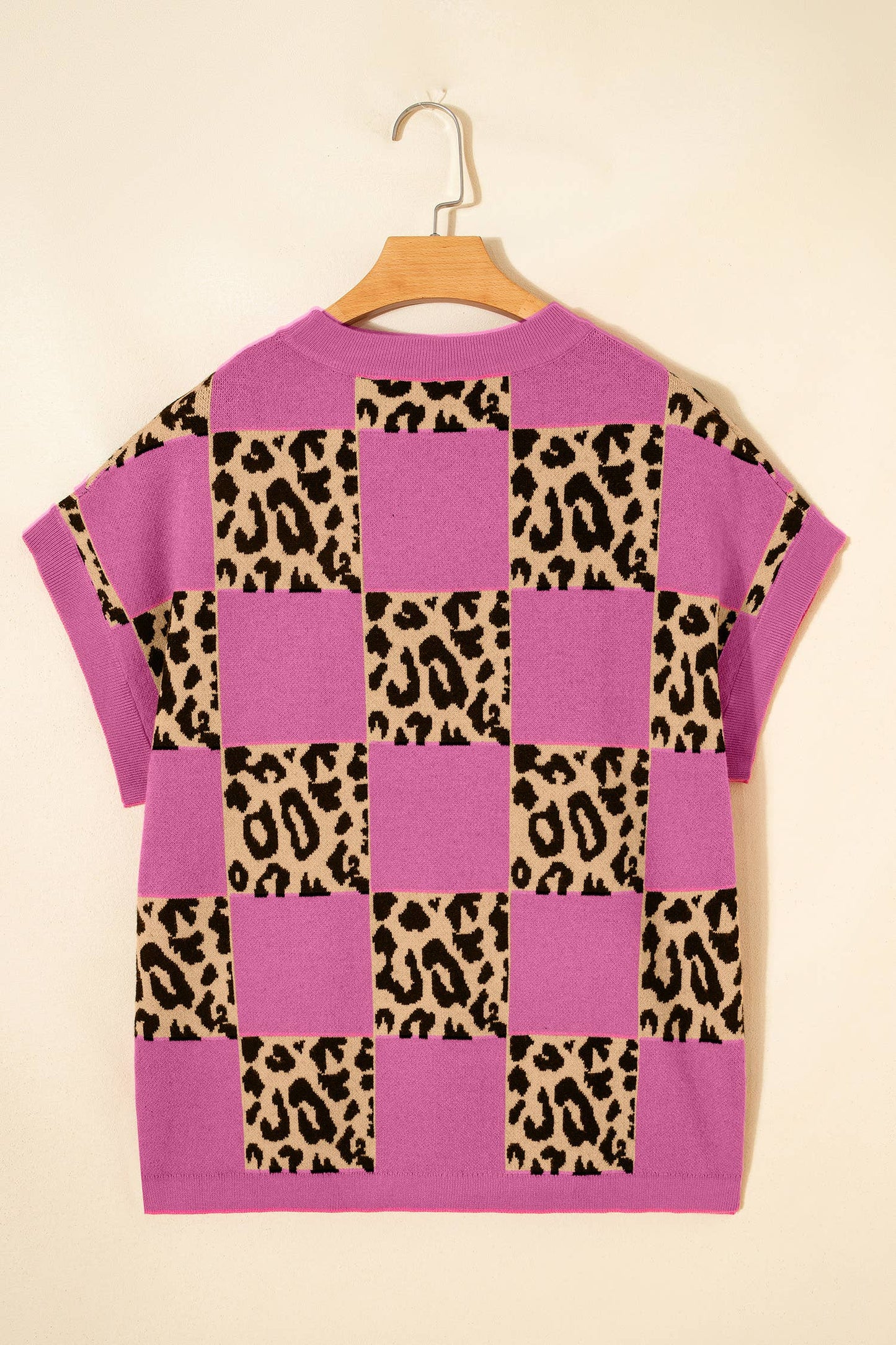 66Plus Size Leopard Checkerboard Short Sleeve Sweater