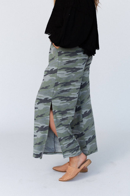 Casual western Boho Wanderer Wide Leg Slit Pants - Charcoal Camo Pant