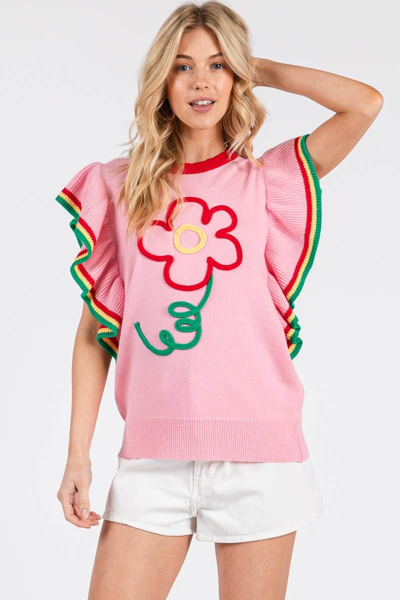 PINK FLORAL RUFFLE KNIT SWEATER TOP
