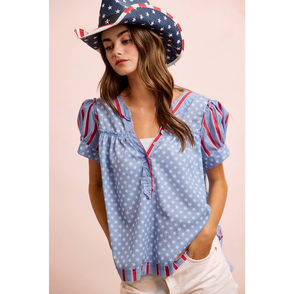 4TH OF JULY STRIPES AND STARS PUFF SLEEVES TOP