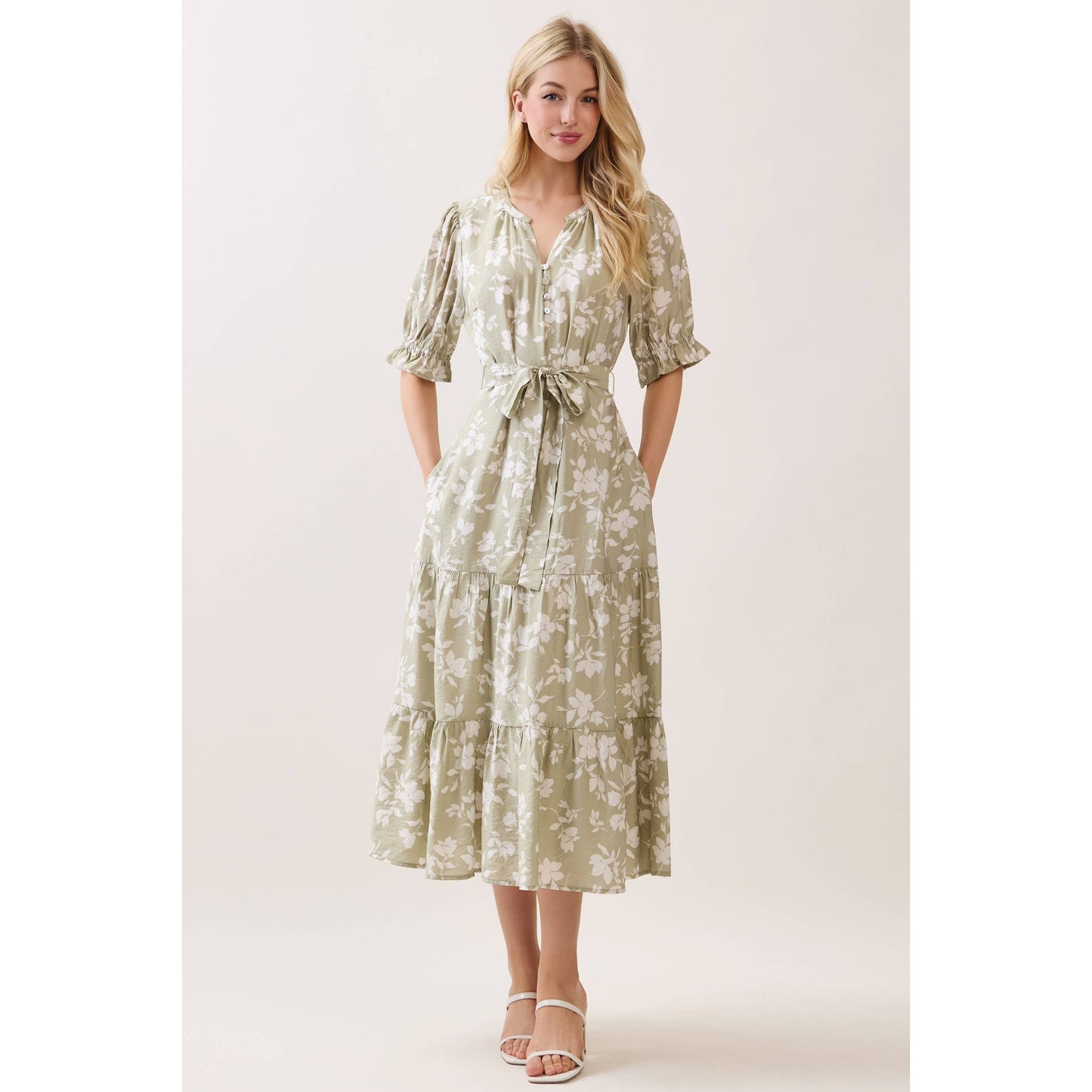 V NECK WAIST TIE TIERED MIDI DRESS -