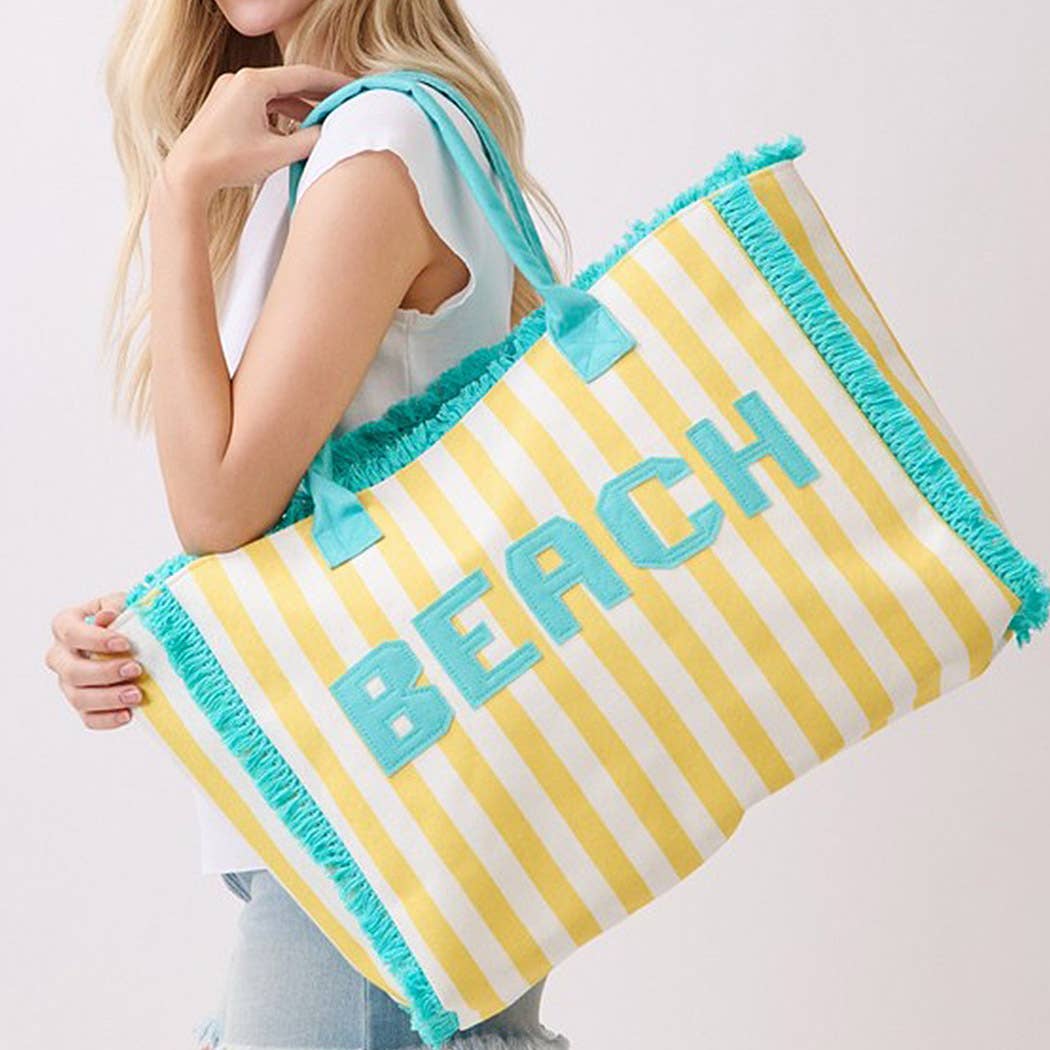 Embroidered Beach Letter Terry Cloth Frayed Striped Tote Ba