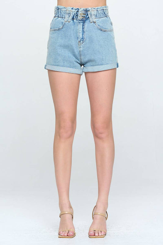Light Wash - Wide Waist Cuffed Hem Denim Shorts