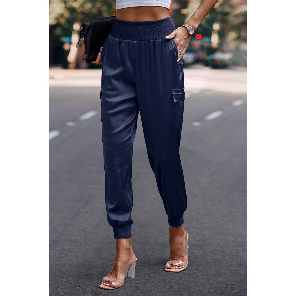 Elastic High Waist Sweatpants Sporty Pocket Pants