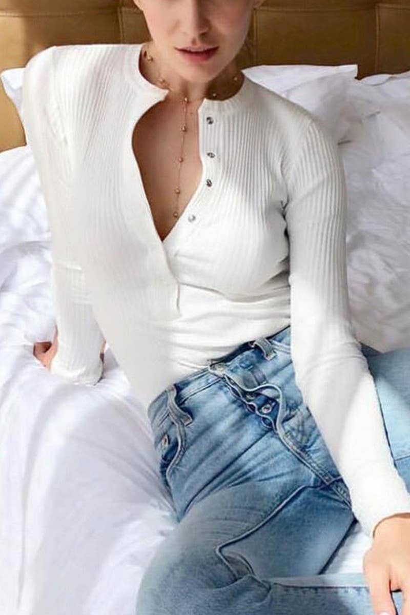 BUTTON CREW NECK RIBBED LONG SLEEVE BODYSUIT