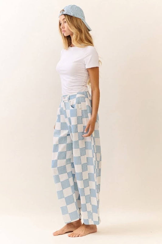 Checkered Printed Barrel Denim Pants
