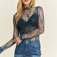 Floral Mesh Lace Mock Neck Long Sleeve Fitted sheer top